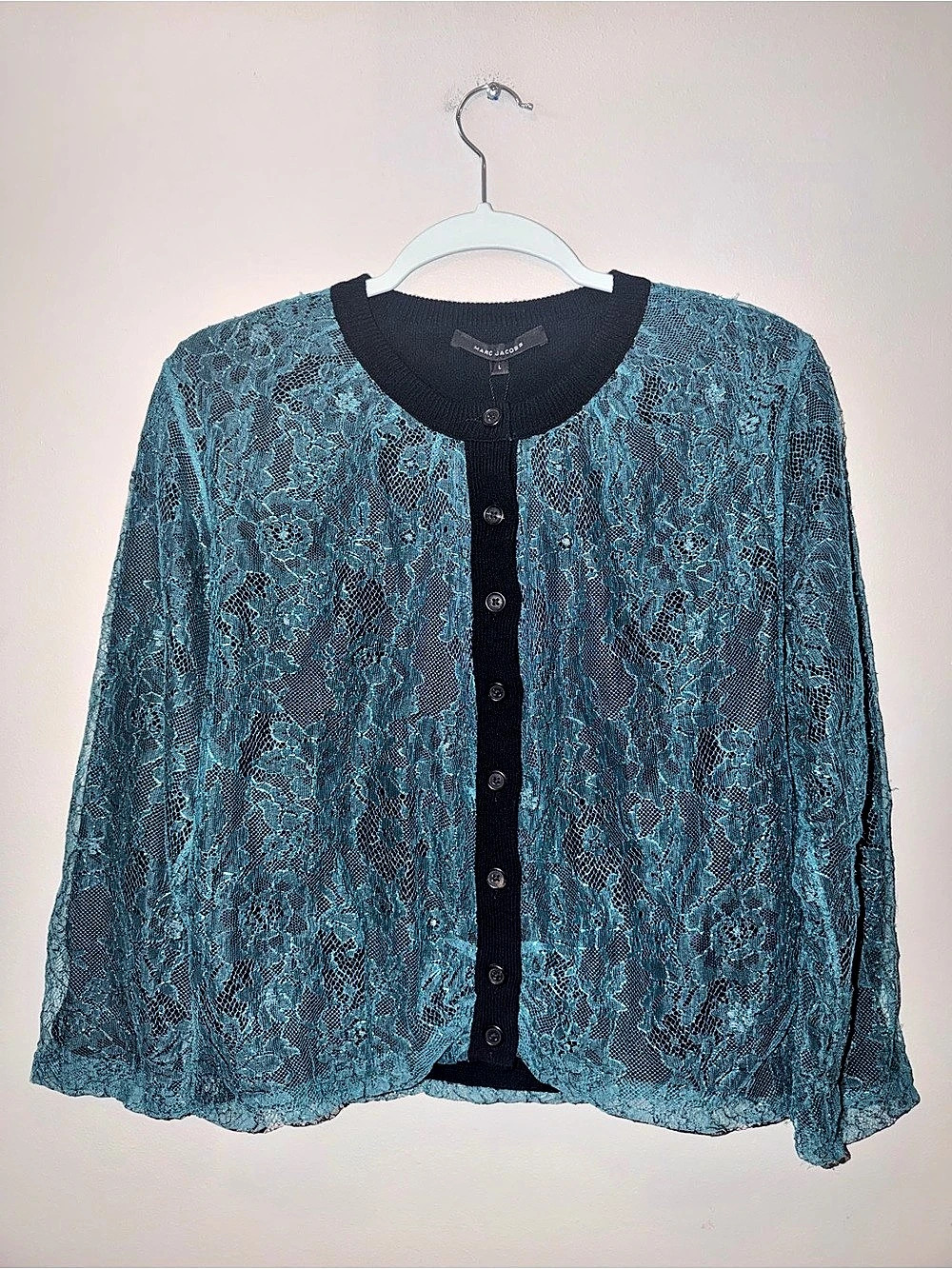 Marc Jacobs 100% cashmere Floral Lace Cardigan in Blue & Black Large NWT